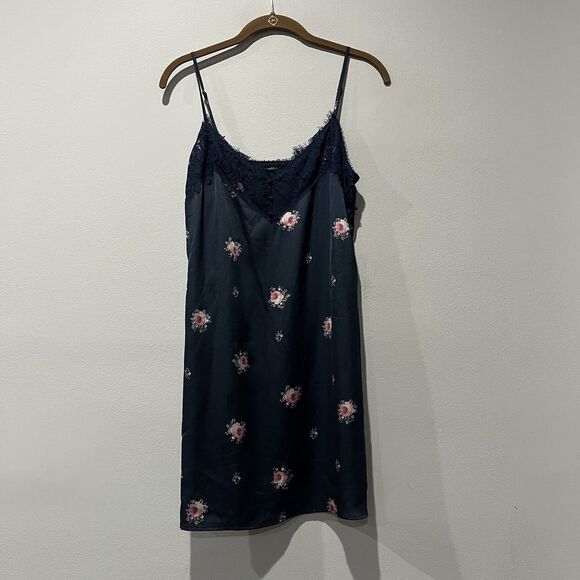 Abercrombie & Fitch Slip Dress Women’s Small Navy Blue Floral Satin Lace Mini - Picture 1 of 8